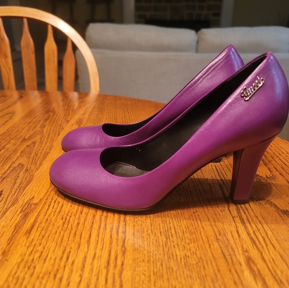 Gucci Purple Genuine Leather Round Toe Side Logo Shoes Pumps Heels - Picture 7 of 16